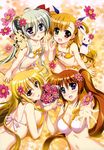  absurdres asteion bare_shoulders bikini bikini_top blonde_hair blue_eyes blush bouquet bow breasts cleavage cosmos_(flower) einhart_stratos fate_testarossa flat_chest flower fujima_takuya green_hair hair_bow hair_flower hair_ornament heterochromia highres large_breasts long_hair lying lyrical_nanoha mahou_shoujo_lyrical_nanoha_vivid multiple_girls navel open_mouth outstretched_hand purple_eyes red_eyes red_hair sacred_heart scan side_ponytail sideboob sitting smile swimsuit takamachi_nanoha two_side_up very_long_hair vivio wariza white_bikini 