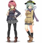  alternate_costume bag black_legwear blush boots cardigan checkered checkered_skirt eyeball full_body greatmosu green_eyes green_hair hairband hand_on_hip handbag hat hat_ribbon heart heart_of_string jacket kneehighs komeiji_koishi komeiji_satori long_sleeves looking_at_viewer multiple_girls one_eye_closed open_mouth pantyhose pink_eyes pink_hair plaid plaid_scarf ribbon scarf shirt short_hair siblings simple_background sisters skirt smile string third_eye touhou white_background winter_clothes 