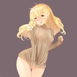  absurdres ass_visible_through_thighs bad_id bad_pixiv_id blonde_hair blush bottomless braid breasts covering covering_crotch embarrassed grey_background highres kirisame_marisa long_hair long_sleeves medium_breasts naked_sweater nippleless_clothes nipples nose_blush nursing_sweater open_mouth ribbed_sweater septet_(zrca_janne) side_braid simple_background solo sweater touhou turtleneck yellow_eyes 