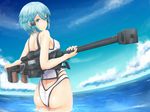  adapted_costume anti-materiel_rifle ass blue_eyes blue_hair bolt_action chiyo_goya cloud day fisheye from_behind gun highres looking_back muzzle_brake one-piece_swimsuit parted_lips partially_submerged pgm_hecate_ii rifle scope short_hair sinon sky sniper_rifle swimsuit sword_art_online weapon 
