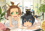  :d animal_ears bad_id bad_pixiv_id barefoot bed_sheet bell black_hair blue_eyes blush brown_hair cat cat_ears cat_tail curtains dress fish green_eyes hair_bell hair_ornament head_rest jingle_bell kimura_(ykimu) long_hair lying mobile multiple_girls neon_tetra on_stomach open_mouth original short_hair smile soles tail v-shaped_eyebrows white_dress window younger 