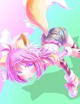  :3 animal_ears belt bent_over blue_eyes boots detached_sleeves fox_ears fox_tail highres midriff original pink_hair renaoka short_hair shorts smile solo striped striped_legwear tail thighhighs 