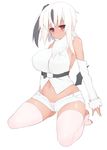  absol black_hair blush breasts dark_skin gen_3_pokemon highres large_breasts long_hair multicolored_hair natsuki_straight navel personification pokemon red_eyes shorts side_ponytail simple_background solo tail thighhighs toeless_legwear white_background white_hair white_legwear 