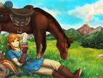  apple arrow bad_id bad_pixiv_id blonde_hair blue_eyes bow_(weapon) epona field food fruit gloves horse link long_hair male_focus pointy_ears ponytail quiver riko_(sorube) shield the_legend_of_zelda the_legend_of_zelda:_breath_of_the_wild weapon 