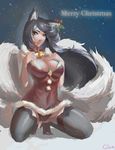  absurdres ahri alternate_costume animal_ears black_legwear black_panties breasts cian_yo fox_ears fox_tail high_heels highres large_breasts league_of_legends lingerie lips long_hair looking_at_viewer multiple_tails off_shoulder panties revealing_clothes santa_costume snow solo squatting tail thighhighs underwear yellow_eyes 