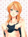  bare_shoulders blush breasts collarbone eba_rin green_eyes grin head_tilt kimi_no_iru_machi lifted_by_self lips looking_at_viewer medium_breasts official_art orange_hair parted_lips seo_kouji shirt shirt_lift short_hair simple_background sleeveless sleeveless_shirt smile solo spaghetti_strap teasing teeth underboob upper_body 