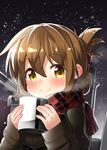  bell_(oppore_coppore) blush brown_hair cannon coffee_mug cup hair_up inazuma_(kantai_collection) jacket jewelry kantai_collection long_sleeves looking_at_viewer mug ring scarf smile snowing solo upper_body wedding_band yellow_eyes 