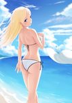  ass back beach bikini blonde_hair blue_eyes breasts cloud day from_behind hat hat_removed headwear_removed highres kneepits long_hair looking_back medium_breasts ocean original outdoors shouye_ying side-tie_bikini sideboob skindentation sky solo sun_hat swimsuit water white_bikini wind 