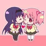  :o ^_^ ^o^ akemi_homura animated animated_gif black_hair blush bow chibi closed_eyes full_body hair_ribbon hairband heart holding_hands kaname_madoka kiss long_hair lowres magical_girl mahou_shoujo_madoka_magica md5_mismatch multiple_girls open_mouth pantyhose parted_lips pink_background pink_eyes pink_hair ribbon school_uniform short_hair short_twintails simple_background skirt smile standing tama_two_(fukuya) twintails yuri 