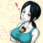 1girl between_breasts black_hair blood blush boxing_gloves breasts collarbone gloves grey_eyes heart hyoukai large_breasts lips lipstick little_mac makeup miniboy nosebleed o_o person_between_breasts ponytail punch-out!! size_difference smile super_smash_bros. tank_top white_skin wii_fit wii_fit_trainer 