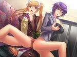  1boy 2girls ass blonde_hair blush bottomless breast_hold buttjob censored double_buttjob girl_on_top group_sex long_hair looking_back lying mosaic_censoring multiple_girls penis purple_hair sitting_on_person threesome 