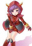  blush boots fake_horns gloves highres holding holding_poke_ball hood horned_headwear kagari_(pokemon) looking_at_viewer looking_up miu_(angelo_whitechoc) parted_lips poke_ball pokemon pokemon_(game) pokemon_oras purple_eyes purple_hair ribbed_sweater short_hair solo sweater team_magma uniform white_background 