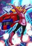  artist_request blonde_hair blue_eyes boots densetsu_kyojin_ideon female highres jet kasha_imhof solo vehicle 