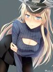  bismarck_(kantai_collection) black_legwear blonde_hair blue_eyes blush breasts cleavage cleavage_cutout hat kanden_suki kantai_collection large_breasts leaning_forward long_hair looking_at_viewer meme_attire military_hat open-chest_sweater pantyhose peaked_cap ribbed_sweater simple_background skirt smile solo sweat sweater turtleneck 