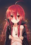  ahoge alastor_(shakugan_no_shana) bare_shoulders blush cape collarbone covering covering_breasts crossed_arms flat_chest frown jacket jewelry ks long_hair looking_at_viewer naked_cape naked_coat pendant red_eyes red_hair serious shakugan_no_shana shana upper_body 