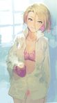  bra brown_hair collarbone cowboy_shot cup echizen_murasaki ekao looking_at_viewer mug multicolored_hair open_clothes open_shirt panties pink_bra pink_hair pink_panties shirt short_hair sketch solo tokyo_7th_sisters two-tone_hair underwear 