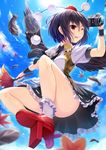  ass autumn_leaves bird_wings black_hair black_wings blue_sky camera cloud convenient_leg day fan feathers floral_print geta necktie no_panties noe_noel one_eye_closed puffy_short_sleeves puffy_sleeves red_eyes shameimaru_aya shirt short_sleeves skirt sky solo tongue tongue_out touhou upskirt wings wrist_cuffs 