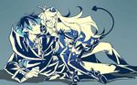  1girl bad_id bad_pixiv_id blue blush chain ciel_(elsword) coat crown demon_power_(elsword) detached_sleeves earrings elsword gloves jewelry limble long_hair luciela_r._sourcream lying monochrome on_side pants pointy_ears skirt smile sweat tail thighhighs 