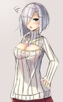  alternate_costume blue_eyes blush breasts cleavage hair_ornament hair_over_one_eye hairclip hamakaze_(kantai_collection) hand_on_hip highres jewelry kantai_collection large_breasts meme_attire necklace open-chest_sweater open_mouth plan_(planhaplalan) ribbed_sweater silver_hair skirt solo squiggle sweater 