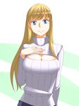  blonde_hair blue_eyes blush breasts cleavage cleavage_cutout hand_on_own_chest kadan_(ad1999) long_hair looking_at_viewer medium_breasts meme_attire open-chest_sweater original ribbed_sweater smile solo sweater turtleneck 