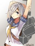  arms_up blue_eyes hair_ornament hair_over_one_eye hairclip hamakaze_(kantai_collection) highres kantai_collection looking_at_viewer machinery neckerchief open_mouth plan_(planhaplalan) school_uniform serafuku short_hair short_sleeves silver_hair solo upper_body yellow_neckwear 