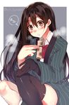  adapted_costume bad_id bad_pixiv_id blush brown_eyes brown_hair chikuma_(kantai_collection) collared_shirt food gloves kantai_collection kneehighs kureaki_(exit) long_hair oden shirt single_glove single_kneehigh single_thighhigh thighhighs 