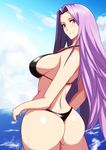  ass bikini breasts cloud day fate/stay_night fate_(series) highres koujun_(mugenzero) large_breasts long_hair looking_at_viewer looking_back ocean purple_eyes purple_hair rider sky smile solo swimsuit thong thong_bikini water wide_hips 