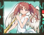  alternate_costume angel_wings brown_hair hair_ribbon horn_(instrument) instrument long_hair looking_at_viewer ribbon shirai_kuroko smile solo to_aru_kagaku_no_railgun to_aru_majutsu_no_index twintails wings youkan 