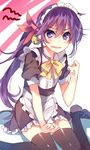  akebono_(kantai_collection) alternate_costume anger_vein bad_id bad_pixiv_id bell black_legwear blush bow enmaided flower hair_bell hair_flower hair_ornament jingle_bell kantai_collection kureaki_(exit) long_hair looking_at_viewer maid maid_headdress purple_eyes purple_hair side_ponytail sitting solo squiggle tears thighhighs very_long_hair wariza wavy_mouth zettai_ryouiki 