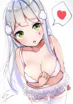  1girl bangs bare_shoulders blunt_bangs breasts collarbone eyebrows_visible_through_hair facial_mark girls_frontline green_eyes hair_ornament hk416_(girls_frontline) kodama_(koda_mat) large_breasts long_hair looking_at_viewer open_mouth silver_hair simple_background solo standing teardrop thighhighs white_legwear 
