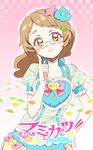  aikatsu! aikatsu!_(series) brown_eyes brown_hair cosplay finger_to_cheek flower futatsuiwa_mamizou futatsuiwa_mamizou_(human) glasses hair_flower hair_ornament hand_on_hip highres parody sash shirane_koitsu solo style_parody touhou 