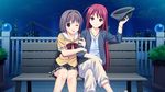  2girls brown_eyes brown_hair chair game_cg hat highres kitami_minamo koigakubo_chihaya koutaro long_hair multiple_girls necklace night red_hair short_hair smile tomato tropical_kiss tropical_vacation twinkle_(company) twinkle_soft wink 