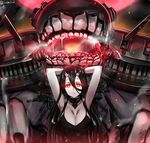  arms_up battleship_hime black_dress breasts cleavage dress glowing glowing_eyes horns isshiki_(ffmania7) kantai_collection large_breasts monster oni_horns red_eyes shinkaisei-kan sleeveless sleeveless_dress spaghetti_strap 