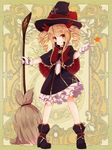  broom brown_hair capelet dennryuurai drill_hair hat psychic_hearts red_eyes short_hair solo twin_drills witch_hat 