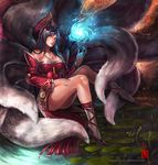  1girl ahri animal_ears black_hair facial_mark female fox_ears fox_tail foxfire gold_eyes kitsunemimi kyuubi league_of_legends lingerie long_hair magic manusia-no-31 multiple_tails nail_polish ninetails_youkai panties sitting solo tail underwear whiskers yellow_eyes 