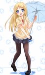  black_legwear blonde_hair blouse blue_eyes blue_skirt blush denki-gai_no_hon'ya-san floral_background hair_ornament hairclip hiotan loafers long_hair neneru open_mouth pantyhose pleated_skirt shoes skirt solo umbrella 