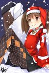  argyle argyle_legwear artist_name bell bell_collar black_skirt blush brown_eyes brown_hair chimney christmas collar fur_trim hat highres japanese_clothes kantai_collection kariginu night pantyhose pleated_skirt ryuujou_(kantai_collection) sack santa_costume santa_hat sitting skirt smile snowing solo toki/ twintails 