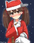  admiral_(kantai_collection) blush brown_eyes brown_hair downscaled gloves hair_ornament hat head_tilt highres japanese_clothes jpeg_artifacts kantai_collection kariginu looking_at_viewer max_melon md5_mismatch military military_uniform naval_uniform pov resized ryuujou_(kantai_collection) sack santa_costume santa_hat short_hair sleeve_tug smile snowing twintails twitter_username uniform white_gloves 