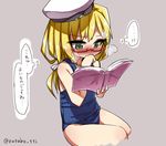  blonde_hair blush book glasses green_eyes hat i-8_(kantai_collection) kantai_collection long_hair one-piece_swimsuit rutsubo school_swimsuit solo swimsuit translation_request 