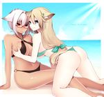  all_fours animal_ears aqua_bikini aqua_eyes bad_id bad_pixiv_id bare_legs beach bikini black_bikini blonde_hair breast_grab breasts character_request cloud dark_skin day glasses grabbing hair_ornament horizon large_breasts lavender_hair long_hair low-tied_long_hair multiple_girls muryotaro navel o-ring o-ring_bikini o-ring_top ocean outdoors phantasy_star phantasy_star_online_2 red-framed_eyewear red_eyes semi-rimless_eyewear short_hair sitting sky smile sunlight sweatdrop swimsuit under-rim_eyewear 