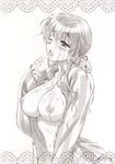  :p breasts bukkake carnelian collarbone cum cum_on_body cum_on_breasts cum_on_upper_body d: facial half-closed_eyes highres large_breasts long_sleeves michika_(carnelian) monochrome nipples open_clothes open_mouth open_shirt shirt simple_background tongue tongue_out twintails upper_body white_background 