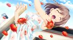  1girl brown_hair eyes_closed game_cg highres kitami_minamo koutaro open_mouth short_hair tomato tropical_kiss tropical_vacation twinkle_(company) twinkle_soft 