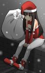  :&lt; alternate_costume bangs bare_shoulders black_hair blunt_bangs boots brown_eyes detached_sleeves downscaled hat hatsuyuki_(kantai_collection) highres hime_cut jpeg_artifacts kantai_collection long_hair max_melon md5_mismatch meme_attire open-chest_sweater pantyhose red_footwear resized ribbed_sweater sack santa_costume santa_hat sitting sleeveless sleeveless_turtleneck snowing solo sweater turtleneck white_legwear 
