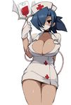  bad_id bad_pixiv_id blood blood_bag blue_hair breasts choker cleavage cowboy_shot dress gloves hair_over_one_eye hat k_(li) large_breasts mask nurse nurse_cap ponytail red_eyes short_dress simple_background skullgirls solo surgical_mask valentine_(skullgirls) white_background white_gloves 