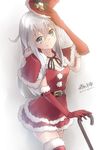  alternate_costume blue_eyes boots cane christmas fur_boots gloves hibiki_(kantai_collection) kantai_collection knee_boots long_hair morigami_(morigami_no_yashiro) red_footwear red_gloves santa_boots santa_costume silver_hair solo 