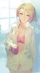  bra brown_hair collarbone cowboy_shot cup echizen_murasaki ekao looking_at_viewer mug multicolored_hair open_clothes open_shirt panties pink_bra pink_hair pink_panties shirt short_hair sketch solo steam tokyo_7th_sisters two-tone_hair underwear 