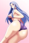  ass blue_eyes blue_hair blush breasts caster fate/stay_night fate_(series) highres huge_breasts koujun_(mugenzero) long_hair md5_mismatch solo swimsuit 