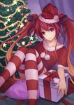  artist_name bad_id bad_pixiv_id bauble box candy candy_cane christmas_tree food fur_trim garland_(decoration) gift gift_box gradient_hair hat highres long_hair looking_at_viewer multicolored_hair ore_twintail_ni_narimasu pom_pom_(clothes) red_eyes red_hair red_legwear red_ribbon ribbon santa_hat short_sleeves sitting smile striped striped_legwear sweets tailred thighhighs twintails very_long_hair youxuemingdie 