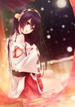  bare_shoulders black_hair brown_eyes haruna_(kantai_collection) headgear ichikawa_noa kantai_collection long_hair looking_at_viewer night nontraditional_miko onsen skirt snow soaking_feet solo undressing water 