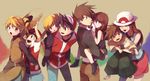  4girls baseball_cap belt black_hair blonde_hair blue_(pokemon) blush brown_hair carrying dual_persona hat hat_removed headwear_removed hug japanese_clothes kimono long_hair mask multiple_boys multiple_girls ookido_green piggyback poke_ball pokemon pokemon_special ponytail porkpie_hat red_(pokemon) red_eyes red_skirt skirt spiked_hair straw_hat waist_poke_ball yellow_(pokemon) younger yui_ko 